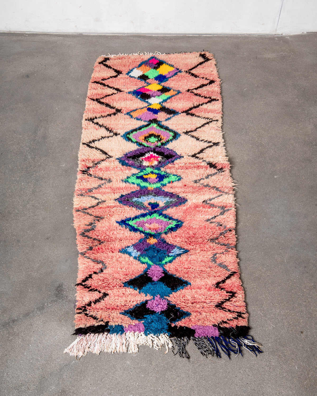 Modern, designer, handcrafted Berber runner rug from Morocco. Vintage carpet with beautiful colours and patterns and fluffy texture.